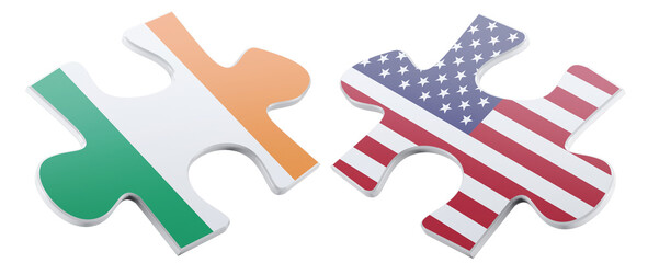 Conceptual digital illustration depicting a symbolic connection, using jigsaw puzzle pieces featuring the flags of Ireland and the United States to convey partnership.
