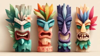 Four stylized tiki masks, vibrant colors