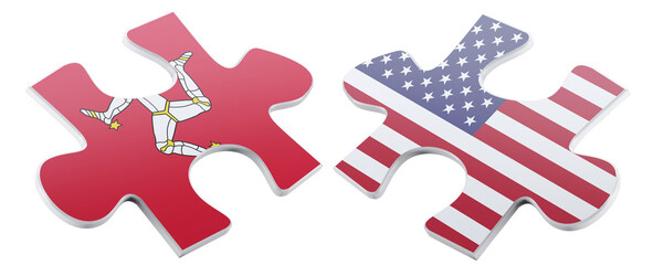 Two jigsaw puzzle pieces connect, one with the Isle of Man flag and the other showing the USA flag, symbolizing partnership and international connection.