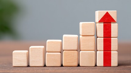 Wooden Blocks Arrangement Depicting Upward Trend With Red Arrow