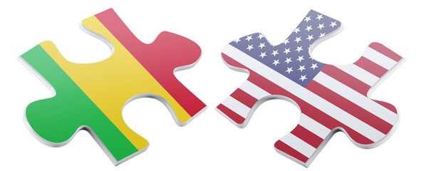 Two puzzle pieces, digitally rendered, depict the flags of Mali and the United States of America, symbolizing connection, partnership, or collaborative effort.