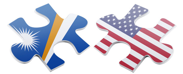 Two jigsaw puzzle pieces, one adorned with the flag of the Marshall Islands, the other with the American flag, symbolize partnership and alliance against a dark background.