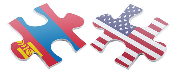 Digital illustration presents two puzzle pieces, one featuring the American flag and one with the Mongolian flag, emphasizing unity and international cooperation.