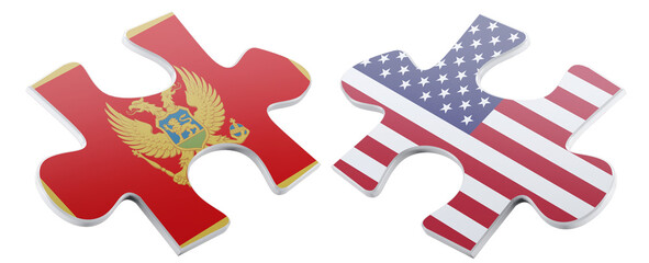 Symbolic jigsaw puzzle pieces featuring the flags of Montenegro and the USA, representing international cooperation and diplomatic relations between the two nations.