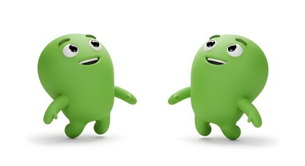 Two Cheerful Green Cartoon Characters Looking Upward on White Background