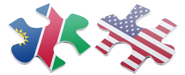Jigsaw puzzle pieces showcasing the flags of Namibia and the United States come together in a visual representation of cooperation, unity, and mutual relations.