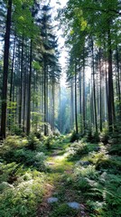 Obraz premium Sunlight path through a lush forest