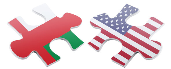 Digitally rendered image showcases two jigsaw puzzle pieces featuring the national flags of Oman and the United States, symbolizing partnership and international relations.