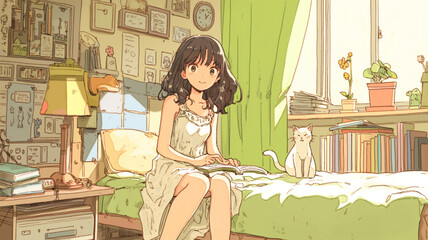 Obraz premium 80年代アニメ調レトロポップインテリア、木製机や本棚を背景に、やさしい光を浴びてゆったり読書する少女のほっとする日常シーンを映したライフスタイル素材写真・イラスト