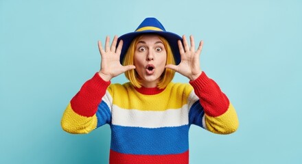 Surprised woman in colorful sweater and hat expressing excitement against blue backdrop