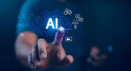 Businessman use finger touch a virtual screen, AI circuit board brain connected to automation, chatbot, and Generative AI. Concept of artificial intelligence technology and digital transformation.