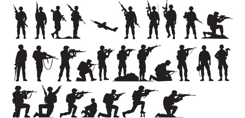 Shadow Soldiers: Silhouettes of soldiers in various action poses, reflecting courage, strength, and the gravity of conflict. Each silhouette tells a story of duty, valor, and sacrifice.