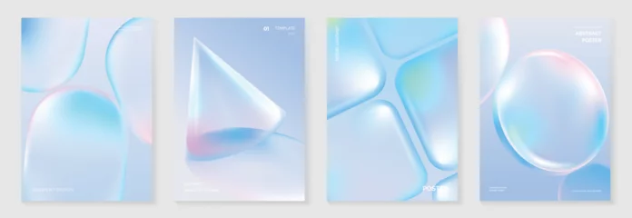 Selbstklebende Fototapeten Modern gradient liquid glass poster background vector set.Cover template with perspective geometric prism shape. Ideal design for social media, cover, banner, wallpaper, promotion, ads. © TWINS DESIGN STUDIO