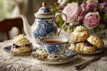 Fototapeta premium Traditional Afternoon Tea with Elegant Teapot, Delicious Scones and Floral Arrangement - Fine China British Culture Experience