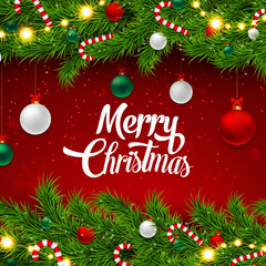 Christmas Garland with Baubles, Candy Canes, and Lights on Red Background