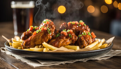 Steaming Hot B Q Chicken Wings Served with Golden French Fries on a Dark Plate in a Rustic Setting a Delicious Meal