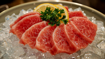 Delectable Tuna Sashimi -  Freshly sliced tuna sashimi elegantly arranged atop a bed of ice, garnished with vibrant parsley and zesty lemon wedges.