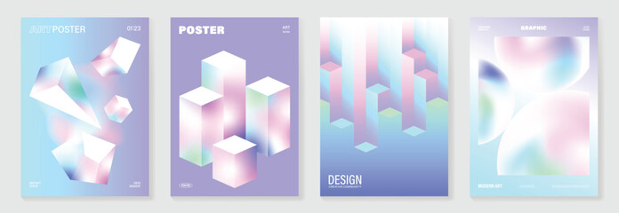 Obraz na płótnie Canvas Modern gradient liquid glass poster background vector set.Cover template with perspective geometric prism shape. Ideal design for social media, cover, banner, wallpaper, promotion, ads.