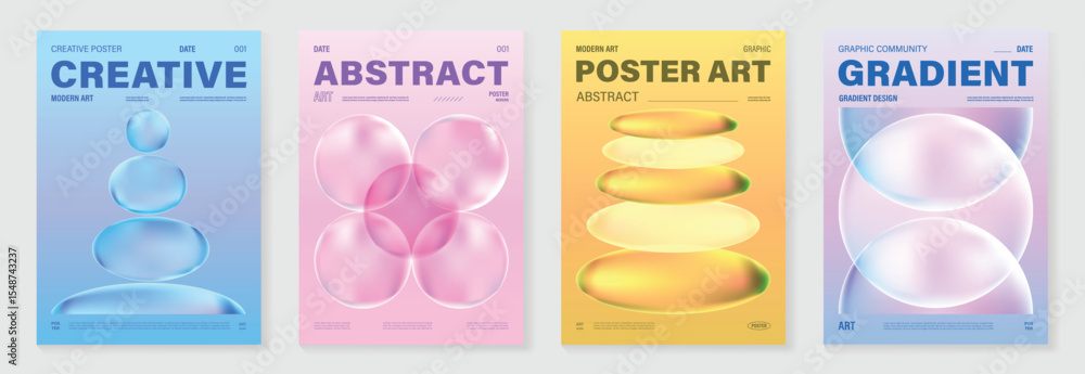 Poster modern gradient liquid glass poster background vector set.cover template with perspective geometric 