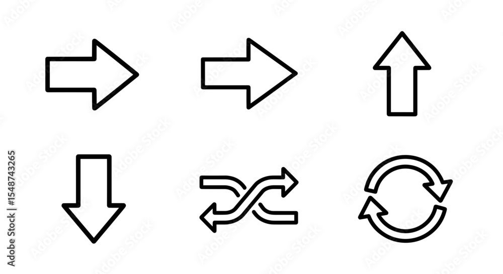 Aufkleber collection of six distinct arrow icons pointing in various directions and looped in a vector graphic