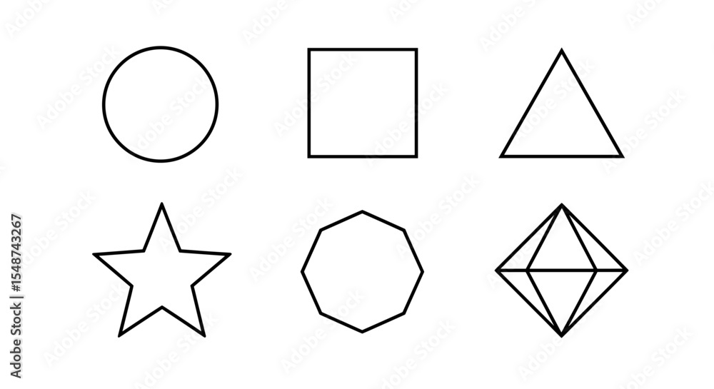Poster geometric shapes arranged in two rows including oval rectangle triangle star octagon and diamond sha