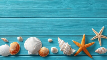 Colorful seashells and a starfish arranged on a rustic blue wooden background.