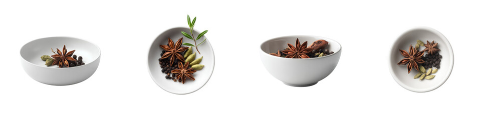 Set of Minimalist spice bowl with star anise and peppercorns, isolated on transparent background.
