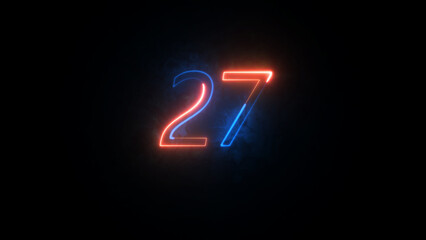 Neon countdown number background illustration 4k. Number 27 on dark background. 3D illustration