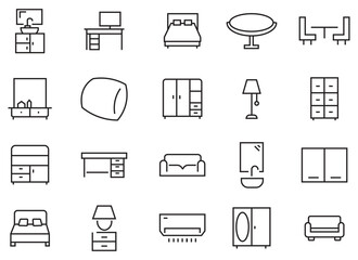Modern home interior icon set. Outline icons of home and furniture including beds, lamps, tables, sofas, chairs, cabinets, rugs, picture frames and more. Black and white various home furniture types. 