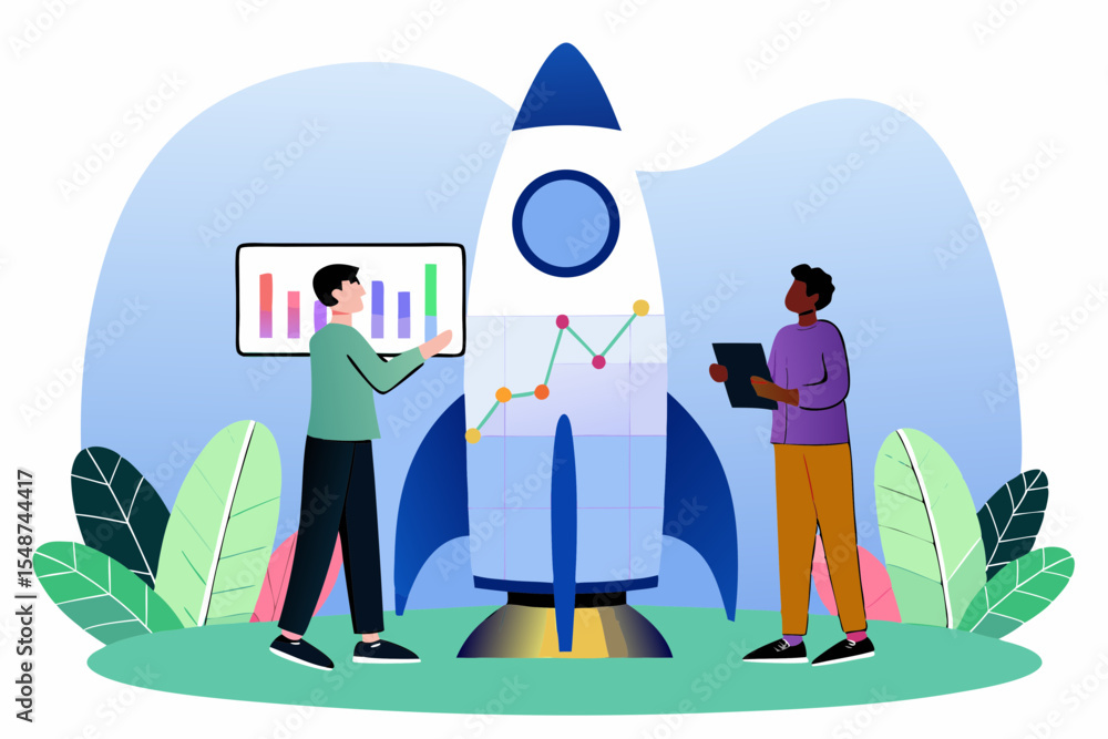 Poster business startup concept with team analyzing data and launching rocket