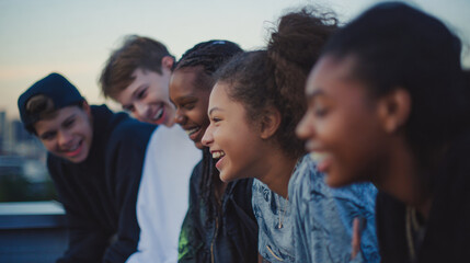 Diverse group of teenagers laughing together on rooftop during sunset, enjoying friendship