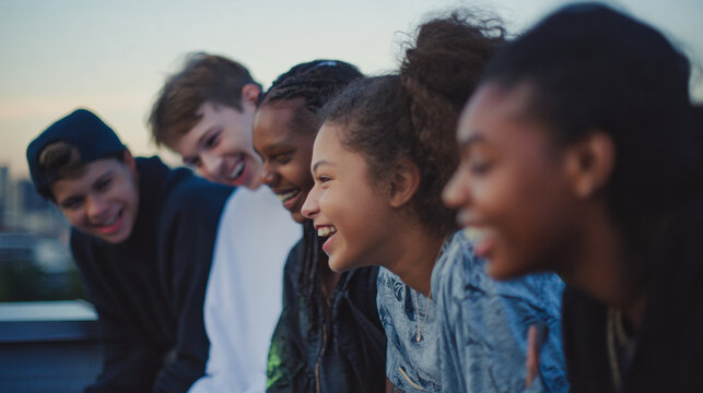 Diverse group of teenagers laughing together on rooftop during sunset, enjoying friendship - Powered by Adobe