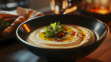 Creamy hummus topped with olive oil and paprika, served with warm bread. A delicious and healthy Mediterranean appetizer.