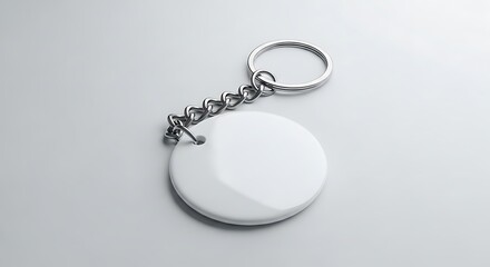 Blank white round keychain isolated on white background with metal ring