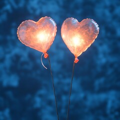 Two illuminated heart shaped balloons floating with a blue background