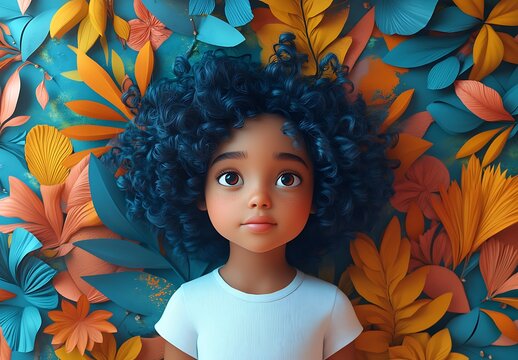 Child portrait mockup with curly hair and colorful foliage backdrop

