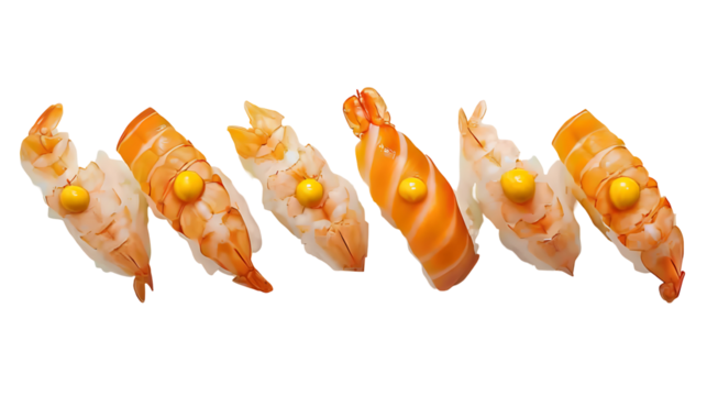 Delicious shrimp sushi nigiri with a glossy yellow yolk on a stark black background