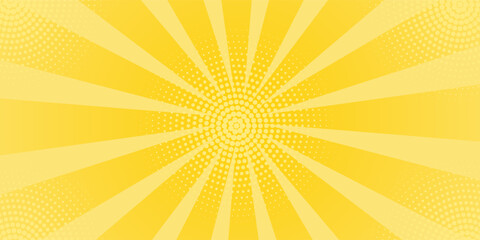 Yellow abstract background with light of sunburst. yellow starburst with halftone. sun ray retro background with flash