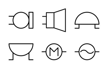 Icons of audio devices microphone, speaker and power sources AC, DC for circuit designs.