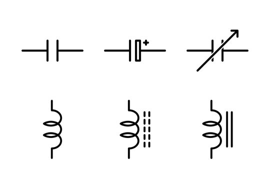 Icons of capacitors and inductors for electronic circuit diagrams and engineering designs.