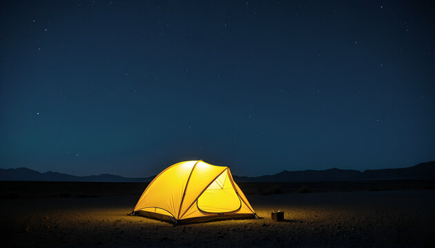 Illuminated Camping Tent At Night Under Starry Sky In The Forest