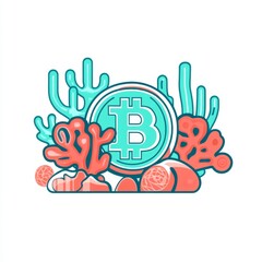 Obraz premium Cryptocurrency Concept with Bitcoin and Coral Reef Elements in Vibrant Illustration Style