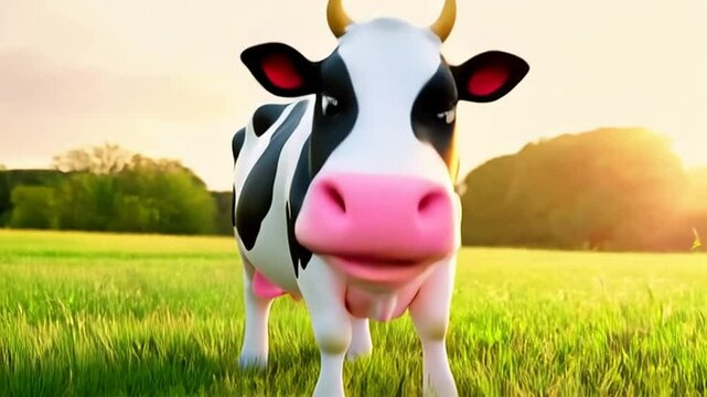 Happy Cartoon Cow Grazing in Sunny Pasture Meadow Illustration