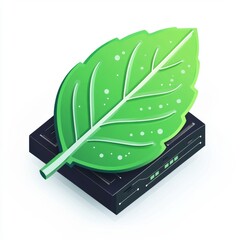 Green Leaf Illustration on Dark Square Base with Simple and Modern Design for Nature and Eco-Friendly Themes