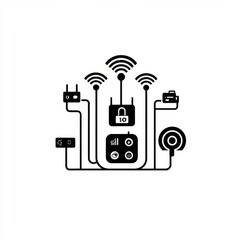 Abstract design showcasing technology connections with devices, signals, and digital communication in a minimalist style
