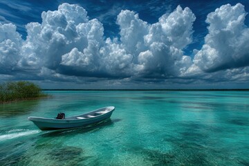 Turquoise lagoon with boat and dramatic clouds