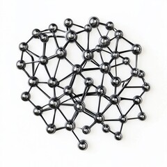 Abstract representation of a molecular structure with interconnected spheres and lines in a monochromatic design