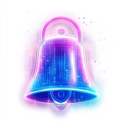 Neon bell with vibrant colors in digital art style, glowing illumination, futuristic design, holographic effect, bright background