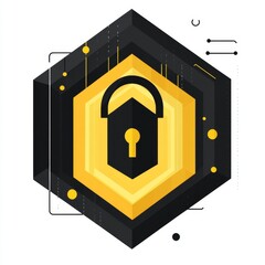 Modern graphic design of a secure lock symbol in a yellow and black geometric shape with abstract technology elements