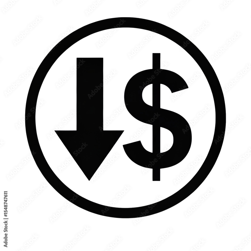 Poster a black icon featuring a downward arrow and a dollar sign inside a circle, symbolizing a decrease or